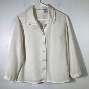 Womens Vintage Susan Bristol Button Shirt 3/4 Sleeve Bow Details Ivory 10 Polyes